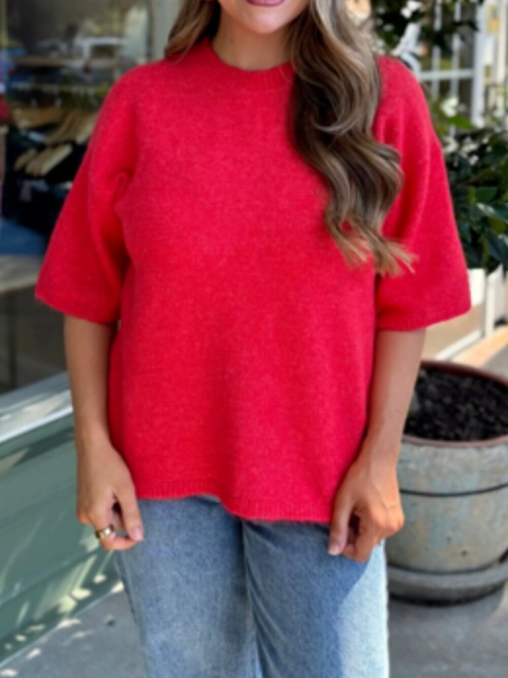 NWT Free People Margot Red Oversized Short-Sleeve Sweater